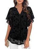 Timeson Womens Blouses and Tops Dressy,Short Sleeve Tunic Tops for Women Professional Clothes for Work Casual Business Attire Dress Shirts Summer Elegant Peasant Sheer Modlily Silk Tops Black Floral L
