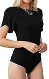 LAOLASI Women's O Neck body suit Petal Short sleeve Slim Fit Stretchy Casual Bodysuit Tops Jumpsuit T Shirts, Black, Small
