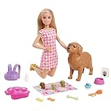 Barbie Doll & Pets, Blonde Doll with Mommy Dog, 3 Newborn Puppies with Color-Change Feature & Pet Accessories