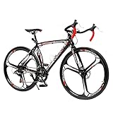 Max4out 700C Wheel Road Commuter Bike, 14/21 Speed Shifter, Dual Disc Brakes Racing Bicycle with Light Aluminum Alloy Frame for Adult(Black Red)