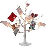 Mudder Money Holder Tree Present Card Holder, LED Birch Twig Tree Lights Tabletop, Display Tree with 12 Clear Clips for Christmas, Memo, Present Card, Photo, Wedding, Birthday (White)