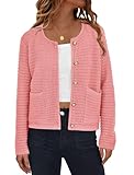 PRETTYGARDEN Open Front Cardigan Sweaters for Women Button Down Long Sleeve Casual Cute Knitted Shirts with Pockets (Pink,Small)