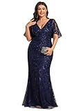 Ever-Pretty Women's V-Neck Curvy Embroidery Formal Dresses Plus Size Sequin Mother of The Bride Dresses Navy Blue US20