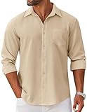 COOFANDY Mens Long Sleeve Button Down Shirts Untucked Shirts for Men Casual Dress Shirts Beach Wedding Shirts, Beige, Large