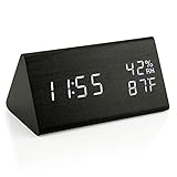 OCT17 Wooden Alarm Clock, Smart LED Digital Clock for bedroom/desks, Upgraded with Time Temperature, Adjustable Brightness and Voice Control, Humidity Displaying - Black