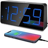 Peakeep Digital Clock, Alarm Clock for Bedrooms - Large Big Numbers 5 Dimmers for Seniors, Battery Backup Loud Alarm Clock with USB Charger Port (Blue Digit)