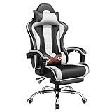 Yaheetech Gaming Chair, Video Game Chair with Massage Lumbar Support and Footrest Height Adjustable Ergonomic Computer Chair with Swivel Seat and Headrest, Black/White