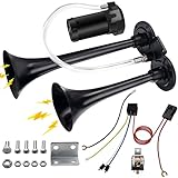 12V Car Air Horn, 150DB Super Loud Train Air Horn Kit for Truck Car, Chrome Plated Zinc Dual Trumpet Air Horns with Compressor for Any 12V Vehicles Trucks Motorcycle Pickup Trains Cars Boats (Black)