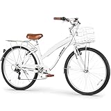 WEIZE Beach Cruiser Bike, 26 inch Commuter Bicycle for Adult Men and Women, 7-Speed/High-Carbon Steel/Front & Rear Fenders, Comfortable City Bikes with Rear Rack&Basket, Ergonomic Upright Design,White