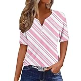 women dress tops Women Fashion Stripe Printing Short Sleeve Shirts Blouse Summer Button V-Neck Casual Tops T-Shirt Tunics prime deals Pink XL