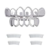 Gold Grillz Teeth Set Best gift for Son-New Custom Fit 14k Plated Silver Gold Grillz - Excellent Cut for All Types of Teeth–Open face grills caps Top and Bottom Grill Set - Hip Hop Bling Grillz