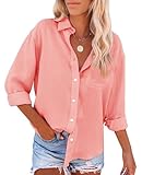 siliteelon Womens Button Down Shirts Cotton Dress Shirts Long Sleeve Blouses V Neck Solid Casual Tunics Tops with Pockets - Peach S