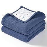 Lulu moon Muslin Baby Blanket - Cotton Quilt Blankets for Toddlers - Reversible Nursery Crib Blanket for Baby Boys and Girls 47'x47'(Blue)