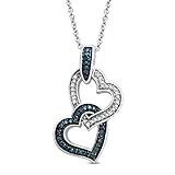 Jewelili Double Heart Necklace Pendant with Treated Blue and Natural White Round Diamonds in Sterling Silver 1/6 CTTW 18 inch Cable Chain