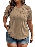 Summer Plus Size Shirts for Women Short Sleeve Tees Sexy Contrast Lace Tops Khaki 4XL