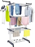 HOMIDEC Clothes Drying Rack, Oversized 4-Tier(67.7' High) Foldable Stainless Steel Movable Drying Rack with 4 castors, 24 Drying Poles & 14 Hooks for Bed Linen, Clothing, Grey