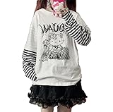 Anime Long Sleeve Shirts for Women Kawaii Shirts Patchwork Harajuku Cartoon Gothic Shirt Black