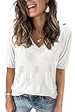 Arach&Cloz Womens Fall Summer Tops 2024 Trendy Fashion Short Sleeve T Tee Shirt Teacher Plus Size Sweaters V Neck Blouse Clothes Vacation Resort Wear Dressy Cute Casual Outfits Business White