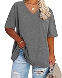 Women's Plus Size V Neck T Shirts Summer Half Sleeve Tees Casual Loose Fit Cotton Tunic Tops Dark Grey