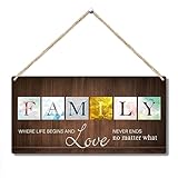 Family Wall Decor Wood Hanging Sign, Bedroom Living Room Decor Door Shelf Wall Decor Inspirational Wall Art for Farmhouse Home Office Housewarming Gift, Where Life Begins & Love Never Ends -27