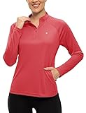 TBMPOY Women's Sun Protection Long Sleeve Women Quick Dry 1/4 Zip Pocket Shirts Hiking Workout Athletic Tops(Aqua Red,M)
