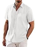 COOFANDY Men's Casual Dress Shirts Short Sleeve Button Down Linen Shirt with Pocket White