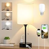 Small Bedside Table lamp for Bedroom - 3 Color Temperatures Bedside Lamps with USB C and A Ports, Pull Chain Table Lamps with AC Outlet, White Nightstand Lamps with Black Metal Base for Kids Reading