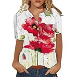 tops for women 2024 Linen Shirts for Women Trendy 2024 Casual Short Sleeve Button Down Tunic Tops Floral Print Summer Tshirt blouses for women dressy casual Red XL