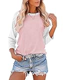 Bingerlily Women's Casual T-Shirts 3/4 Sleeve Color Block Cute Tops Comfy Blouses Light Pink