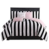 Juicy Couture Cabana Stripe Reversible Bedding Set - Queen Size - Black and White Stripe Print – 6 Piece Set – Includes 1 90' x 90' Comforter, 3 Decorative Pillows, 2 Shams