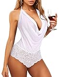 Avidlove See Through Lingerie V-Neck Floral Lace Babydoll Sexy Lingerie for Women One Piece Bodysuit White M