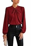 Ladies Fall Dressy Mock Neck Lantern Long Sleeve Blouse Shirt Twist Front Top 2023 Trendy Wine Red XL