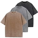 3 Pcs Oversized Heavy Cotton Summer T-Shirts Vintage Unisex Short Sleeves Casual Loose Basic Tops(A-Coffee+Grey+Black XL)