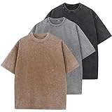 3 Pcs Oversized Heavy Cotton Summer T-Shirts Vintage Unisex Short Sleeves Casual Loose Basic Tops(A-Coffee+Grey+Black XL)