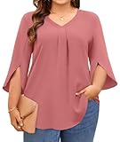 Aodemo Womens Summer Plus Size 3/4 Sleeve Chiffon Blouse Dressy Top V Neck Tunic Casual Work Shirt 4XL, Pink Red