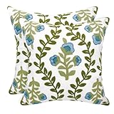 Alysheer Floral Embroidered Summer Decorative Throw Pillow Covers 20'x 20' Set of 2, Farmhouse Cottage Blue Flowers Green Leaves Knit Pattern Cotton Canvas Cushion Case for Couch Bed Living Room