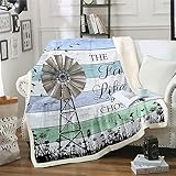 Windmill Sherpa Blanket 40'X50', Rustic Windmill Farmhouse Fleece Blanket Western Vintage Barn Throw Blanket For Bedroom Sofa Couch, Butterfly Flower Fuzzy Blanket Windmill Bedroom Decor,Teal Blue