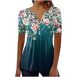 Women Blouses and Tops Fashion Summer Tops for Women 2024 Trendy Boho Floral Print Tunic Shirts Short Sleeve Button v Neck Tshirt Casual Loose Blouse Womens Spring Tops 2024 Green M