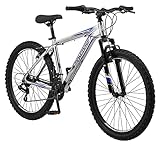 Mongoose Flatrock 21-Speed Hardtail Mountain Bike, 26-Inch Wheels, for Men and Women, Front Suspension, 17-Inch Lightweight Aluminum Frame, Silver