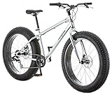 Mongoose Malus Mens and Womens Fat Tire Mountain Bike, 26-Inch Bicycle Wheels, 4-Inch Wide Knobby Tires, Steel Frame, 7 Speed Drivetrain Bicycle, Shimano Rear Derailleur, Disc Brakes, Silver/Black