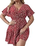 Floerns Women's Plus Size Wrap V Neck Short Sleeve Ruffle Hem A Line Short Dress Red 2XL