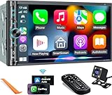 Upgrade Wireless Double Din Car Stereo with Carplay, Android Auto, Bluetooth, 4-Channel RCA, High Power, 2 Subwoofer Ports, 7' HD Capacitive Touchscreen Car Radio, Backup Camera, Audio Receiver