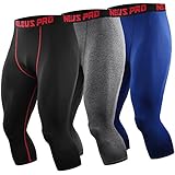 NELEUS Men's 3 Pack Running Capri Leggings Athletic Compression Short,6057,Black (red Stripe),Grey,Blue,S