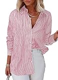 Diosun Womens Striped Button Down Shirts Classic Long Sleeve Stylish Collared Office Work Blouses Tops (Medium, Red)