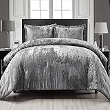 Fredsure Crinkle Velvet Comforter Set, 3 Pieces Grey King, Crinkle Velvet Face and Brushed Microfiber Reverse