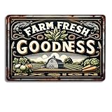 Rustic Farmhouse Metal Tin Sign - 'Farm Fresh Goodness' - Country Style Kitchen Decor with Vintage Barn and Produce Design - 12x8 inches - Ideal for Home and Market