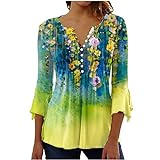 FOCLMP Womens Floral Casual Blouses 3/4 Length Sleeve Tunic Tops Flowy Pleated Summer Shirts Ladies Summer Clothing 2024 Womens Tops Dressy Casual Plus Size Mint Green 2X