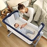 Li’l Pengyu Baby Bassinet Bedside Sleeper - Adjustable Crib All Mesh for Newborn Girl and Boy Infant Bed with Wheels (Navy Blue)