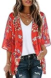 Summer Kimono Cardigan for Women Sheer Boho Tops Casual Open Front Swimwear Shirts Beach Cover ups (Boho Red,M)