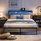 LINSY Queen Bed Frame with Ergonomic Headboard, Platform Metal Bed Frame with RGB Lights, Outlets & Charger, 45 Minutes Fast Assembly Bed Queen Size with Storage, No Box Spring Needed, Greige